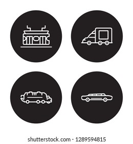 4 linear vector icon set : Minibus, Lorry, Metro, litter car isolated on black background, Minibus, Lorry, Metro, litter car outline icons