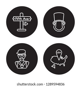 4 linear vector icon set : Fifth avenue, Rapper, Lincoln, Usa isolated on black background, Fifth avenue, Rapper, Lincoln, Usa outline icons