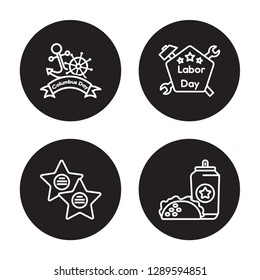 4 linear vector icon set : Columbus Day, Walk of fame, Labor Day, Taco isolated on black background, Columbus Day, Walk of fame, Labor Day, Taco outline icons