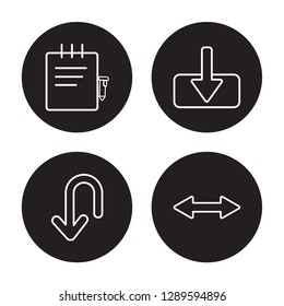 4 linear vector icon set : Edit, Down arrow, Download, Double arrow isolated on black background, Edit, Down arrow, Download, Double arrow outline icons