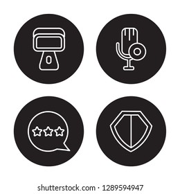 4 linear vector icon set : Record, Rating, Reader, Protect isolated on black background, Record, Rating, Reader, Protect outline icons