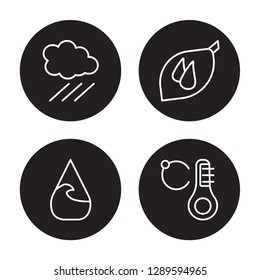 4 linear vector icon set : Drizzle, dew, Downpour, deluge isolated on black background, Drizzle, dew, Downpour, deluge outline icons