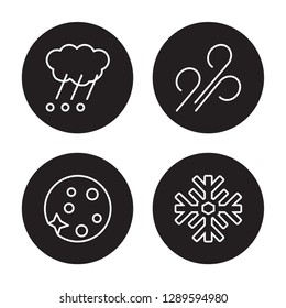 4 linear vector icon set : Haze, Gust, Hailstorm, Full moon isolated on black background, Haze, Gust, Hailstorm, Full moon outline icons