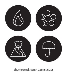 4 linear vector icon set : Waxing moon, Waning moon, Water drop, Volcano isolated on black background, Waxing moon, Waning moon, Water drop, Volcano outline icons
