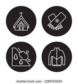 4 linear vector icon set : Chapel, Avalanche, Stall, Winter clothes isolated on black background, Chapel, Avalanche, Stall, Winter clothes outline icons