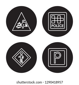 4 linear vector icon set : Pothole, Pedestrian, Police station, Parking isolated on black background, Pothole, Pedestrian, Police station, Parking outline icons