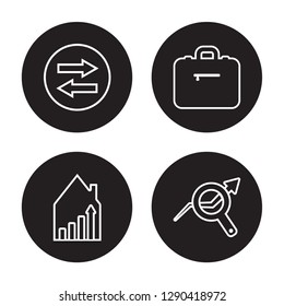 4 linear vector icon set : Synchronization, Stock market, Suitcase, Stock data analysis isolated on black background, Synchronization, Stock market, Suitcase, Stock data analysis outline icons