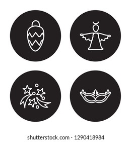 4 linear vector icon set : Christmas ball, Celebration, Christmas angel, Carnival Mask isolated on black background, Christmas ball, Celebration, Christmas angel, Carnival Mask outline icons