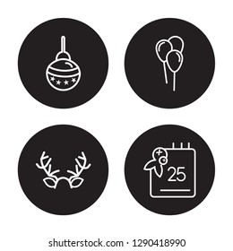 4 linear vector icon set : Bauble, Antlers, Balloons, 25-Dec isolated on black background, Bauble, Antlers, Balloons, 25-Dec outline icons