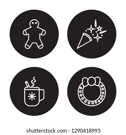 4 linear vector icon set : Cookie, Cocoa, Confetti, Christmas wreath isolated on black background, Cookie, Cocoa, Confetti, Christmas wreath outline icons