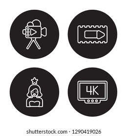 4 linear vector icon set : Author, actress, animation, 4k isolated on black background, Author, actress, animation, 4k outline icons