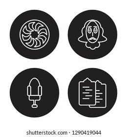 4 linear vector icon set : Shutter, Seat, Shakespeare, Scenario isolated on black background, Shutter, Seat, Shakespeare, Scenario outline icons
