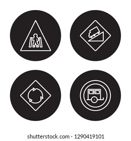 4 linear vector icon set : Crossing, circular intersection, steep descent, Caravan isolated on black background, Crossing, circular intersection, steep descent, Caravan outline icons