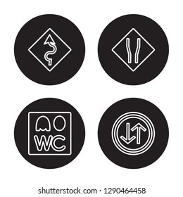 4 linear vector icon set : winding road, Wc, Wide road, Way road isolated on black background, winding road, 