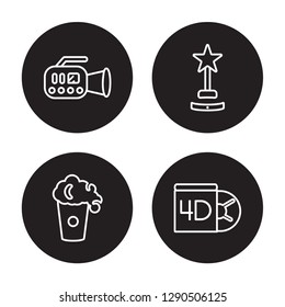4 linear vector icon set : film camera, Film, film award, Dvd isolated on black background, 