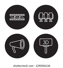 4 linear vector icon set : Negative film, Movie Film, Movie Theater, Movie Billboard isolated on black background, 