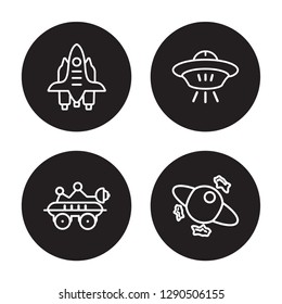 4 linear vector icon set : Space shuttle, Space robot, Space ship, Space junk isolated on black background,