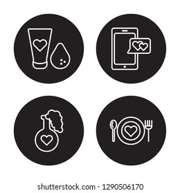 4 linear vector icon set : Makeup, Love Potion, love Smartphone, love Plate isolated on black background, 