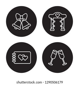 4 linear vector icon set : Wedding Bells, wedding Album, wedding Altar, Toast isolated on black background,