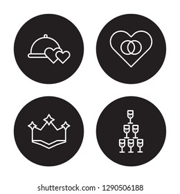 4 linear vector icon set : wedding Dinner, wedding Crown, Wedding day, wedding Champagne isolated on black background, 