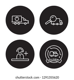 4 linear vector icon set : Delivery truck, Support, Tracking, Stamp isolated on black background, Delivery truck, Support, Tracking, Stamp outline icons