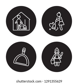 4 linear vector icon set : Housekeeping, Dust pan, Sweep, Charwoman isolated on black background, Housekeeping, Dust pan, Sweep, Charwoman outline icons