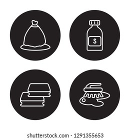 4 linear vector icon set : trash bag, scouring pads, Solvent, scrub brush isolated on black background, trash bag, scouring pads, Solvent, scrub brush outline icons
