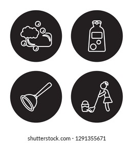 4 linear vector icon set : Soap, Plunger, Shampoo, Mop isolated on black background, Soap, Plunger, Shampoo, Mop outline icons