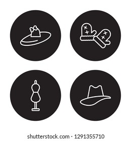 4 linear vector icon set : Pamela, Mannequin, Mittens, Hat isolated on black background, Pamela, Mannequin, Mittens, Hat outline icons