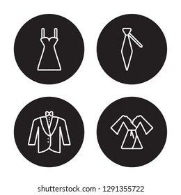 4 linear vector icon set : Chemise, Dinner Jacket, Cravat, Dressing Gown isolated on black background, Chemise, Dinner Jacket, Cravat, Dressing Gown outline icons
