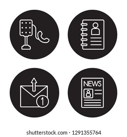 4 linear vector icon set : Phone call, Outbox, Phone book, Newspaper isolated on black background, Phone call, Outbox, Phone book, Newspaper outline icons