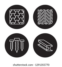 4 linear vector icon set : Paving, Screws, Parquet, Beam isolated on black background, Paving, Screws, Parquet, Beam outline icons