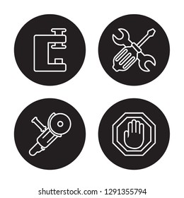 4 linear vector icon set : Vise, Angle grinder, Screwdrivers, Stopping isolated on black background, Vise, Angle grinder, Screwdrivers, Stopping outline icons