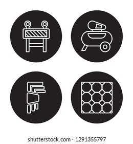 4 linear vector icon set : Barrier, Hex key, Air compressor, Paver isolated on black background, Barrier, Hex key, Air compressor, Paver outline icons