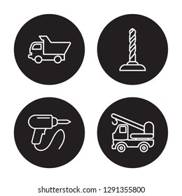 4 linear vector icon set : Dump truck, Drill, Driller, Crane truck isolated on black background, Dump truck, Drill, Driller, Crane truck outline icons