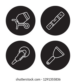 4 linear vector icon set : cement mixers, Polishers, Plumb rule tool, Putty knife isolated on black background, cement mixers, Polishers, Plumb rule tool, Putty knife outline icons