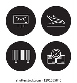 4 linear vector icon set : Express mail, Bar code, Arrival, Checking isolated on black background, Express mail, Bar code, Arrival, Checking outline icons