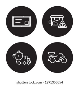 4 linear vector icon set : Air mail, Delivery Time, Delivery warning isolated on black background, Air mail, Delivery Time, Delivery warning outline icons