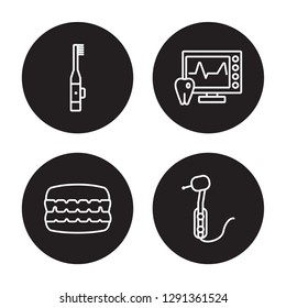 4 linear vector icon set : Electric toothbrush, Denture, Ekg monitor, Dentists drill tool isolated on black background, Electric toothbrush, Denture, Ekg monitor, Dentists drill tool outline icons