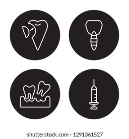 4 linear vector icon set : Filler, Extraction, Fake Tooth, Empty syringe isolated on black background, Filler, Extraction, Fake Tooth, Empty syringe outline icons