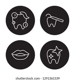 4 linear vector icon set : Tooth cleaning, Smiling, Teeth, Shiny Tooth isolated on black background, Tooth cleaning, Smiling, Teeth, Shiny Tooth outline icons