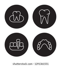 4 linear vector icon set : Occlusal, Overdenture, Oral, Partial Denture isolated on black background, Occlusal, Overdenture, Oral, Partial Denture outline icons