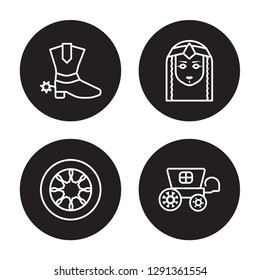 4 linear vector icon set : Cowboy Boot, Cart Wheel, Cleopatra, Carriage isolated on black background, Cowboy Boot, Cart Wheel, Cleopatra, Carriage outline icons