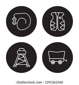 4 linear vector icon set : cowboy Whip, Cowboy Tower, Cowboy Vest, Cowboy Cart isolated on black background, 