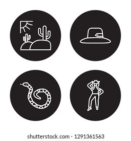 4 linear vector icon set : Desert Landscape, Crotalus, desert Hat, Cowgirl isolated on black background, Desert Landscape, Crotalus, desert Hat, Cowgirl outline icons