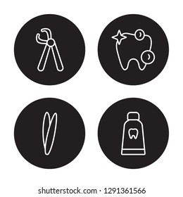 4 linear vector icon set : Wisdom tooth, Tweezers, White teeth, Toothpaste tube isolated on black background, Wisdom tooth, Tweezers, White teeth, Toothpaste tube outline icons