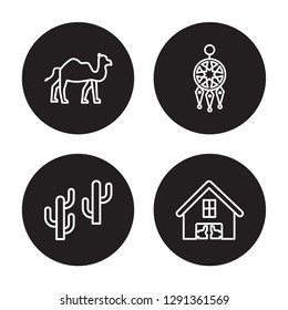 4 linear vector icon set : Dromedary, Desert Tree, Dream Catcher, Desert saloon isolated on black background, Dromedary, Desert Tree, Dream Catcher, Desert saloon outline icons