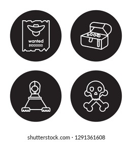 4 linear vector icon set : Wanted, Sphinx, Treasure, Skull isolated on black background, Wanted, Sphinx, Treasure, Skull outline icons