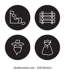 4 linear vector icon set : Rock, Outlaw, Paddock, Old Money Bag isolated on black background, Rock, Outlaw, Paddock, Old Money Bag outline icons