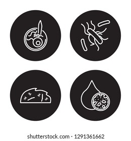 4 linear vector icon set : Leprosy, Legionellosis, Leishmaniasis, Lead poisoning isolated on black background, Leprosy, Legionellosis, Leishmaniasis, Lead poisoning outline icons
